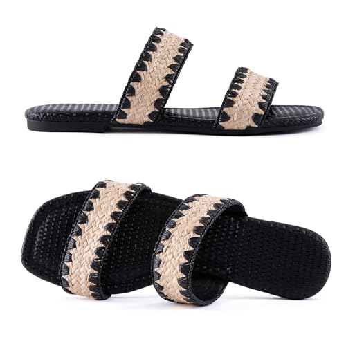 Image of Mtzyoa Women Flat Sandals Raffia Braided Summer Straw Dressy Casual Vacation Bohemian Cute Beach Comfy Slip On Slides