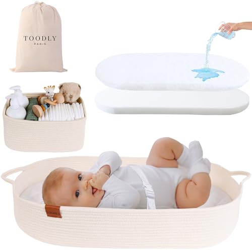 Image of Baby Changing Basket with Diaper Caddy - Beige Moses Basket for Babies - Cotton Rope Diaper Changing Basket - Baby Diaper Changing Pad for Dresser - Changing Table Topper for Dresser - Toodly