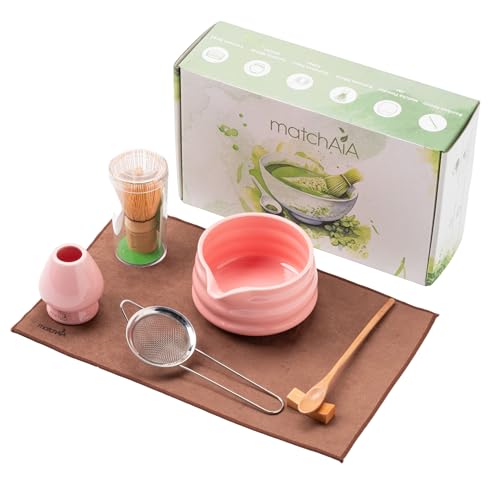 MatchAiA Matcha Whisk Set - Ceramic Bowl, Bamboo Whisk with Holder, Sifter, Schima Spoon, Spoon Rest and Tea Towel - 7 Pcs Complete Kit for Traditional Matcha and Modern Lattes (Pink)
