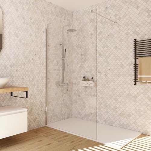 BAIKAL Mampara de Ducha. Panel Fijo de 110cm. Perfil Cromado Brillo. Cristal Transparente Templado 8mm de espesor. Tratamiento Antical. Alto 195 cm. Brazo adaptable 60-100cm.