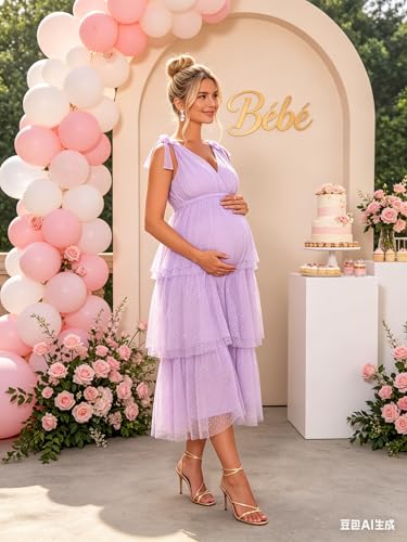 Yissang Maternity Midi Dress Dot Tulle V Neck Tiered Baby Shower Dress — view 5