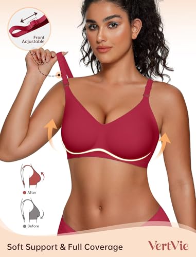 Vertvie Womens Wireless Jelly Bras No Underwire Push Up Seamless Bra Supportive Full Coverage Bralette Regular and Plus Size(Burgundy,Small) — view 2