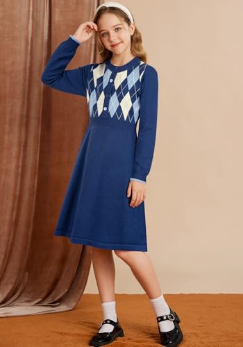 GRACE KARIN Girls Argyle Knit Sweater Dress Long Sleeve Fall Winter Christmas Dresses 6-14​Y3