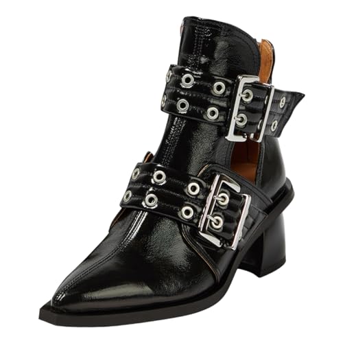 FOWT Women Pointed Toe Chelsea Boots Chunky Mid Heel Ankle Booties Hollow Cut Strappy Back Zipper Shoes Size 4-16 US