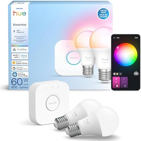 Philips Hue Essential Starter Kit: Bridge + 2 Essential E26 Smart Bulbs, White and Color Ambiance, 2200K-6500K, Dimmable, Compatible with Alexa, Google Assistant, Samsung SmartThings, Apple Home