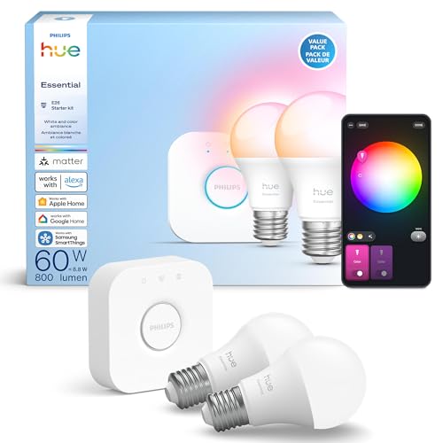 Philips Hue Essential Starter Kit: Bridge + 2 Essential E26 Smart Bulbs, White and Color Ambiance, 2200K-6500K, Dimmable, Works with Alexa, Google Assistant, Samsung SmartThings, Apple Home by Philips Hue - Used condition - CA$83.66