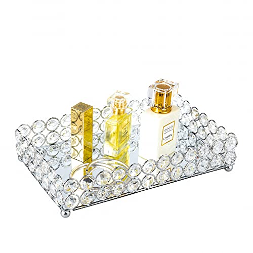 Feyarl Crystal Beads Cosmetic Tray Rectangle Jewelry Organizer Tray Mirrored Decorative Tray (Silver) #TOP12