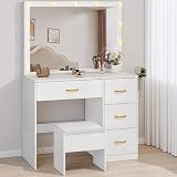 DWVO Makeup Vanity with Lighted Mirror, Vanity Desk with Power Strip, Adjustable Lighting, 4 Drawers, and Cushioned Stool