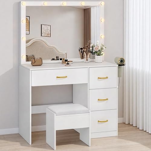 DWVO Makeup Vanity with Lighted Mirror, Vanity Desk with Power Strip, Adjustable Lighting, 4 Drawers, and Cushioned Stool