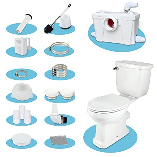 White Macerating Upflush Toilet For Basement, 2 Piece Toilet With Elongated Bowl,Toilet Tank With Front Flush Valves,500 Watt Macerating Pump With 4 Water Inltes For Kitchen Sink, Bathroom, Laundry #TOP2