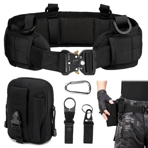 Gobesty Taktischer Gürtel mit Taschen, Nylon Militär Molle Gürtel, Schnellverschluss Metallschnalle Tactical Rigger Gürtel mit Wasserkocher-Schnalle, für Draussen Sportarten Camping, Schwarz