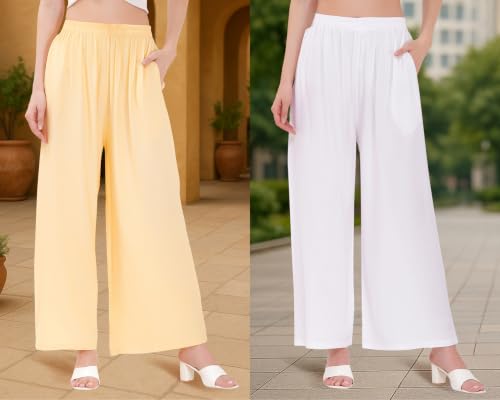 Image of Buy That Trendz Palazzo Pants for Women Rayon Elasticated Regular Fit Flared Wide Leg M to 6XL Pack of 2