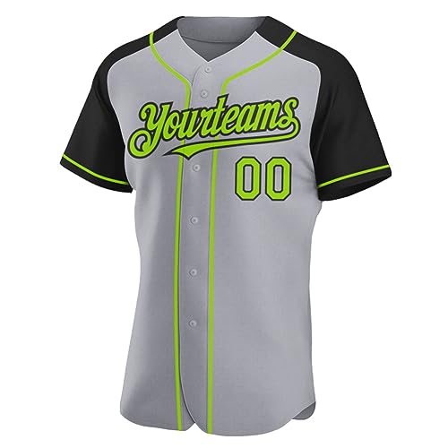 Camiseta personalizada de béisbol para hombres, mujeres y niños, con nombre, número y logo bordado, color gris, verde neón y negro miniatura 2