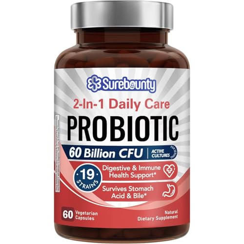 Surebounty Probiotics 60 Billion CFU 19 Strains for Men & Women, with 100mg Prebiotic, Shelf Stable, 2-in-1 Daily Care Probiotic, Non-GMO, Digestive & Immune Health, 60 Veggie Capsules