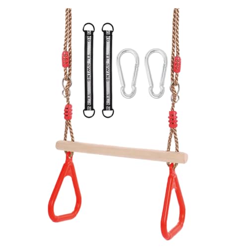 Morwealth Balançoire trapèze Multifonction en Bois pour Enfants avec Anneaux en Plastique - Charge maximale : 120 kg - pour l'intérieur et l'extér (Rouge)