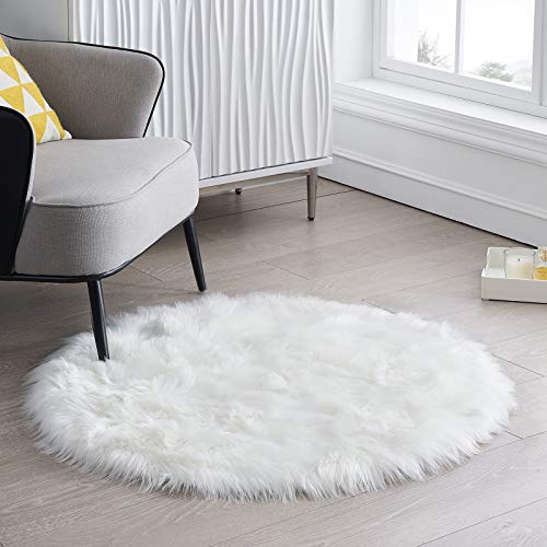 Round Fur Fluffy Area Rug for Bedroom, White Faux Fur