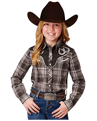 GIRLS LONG SLEEVE SNAP CHOCOLATE AND CREAM PLAID WESTERN SHIRT