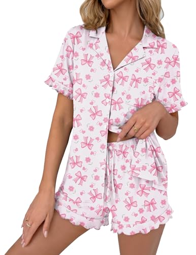 Ekouaer Pajamas Set for Women Button Down Pjs Lounge Sets Ruffle Short Sleeve Sleepwear Cute Loungewear Pink Bow Medium
