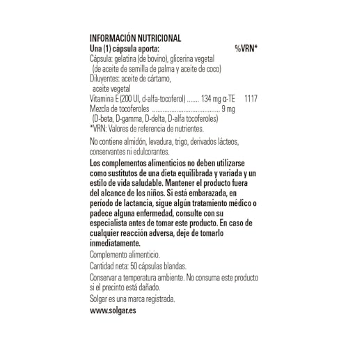 Solgar Vitamin E - Natural Source - 134 mg (200 IU) - Antioxidant - Immune System - d-Alpha Tocopherol - 50 Softgels (Packing May Vary) - Image 3