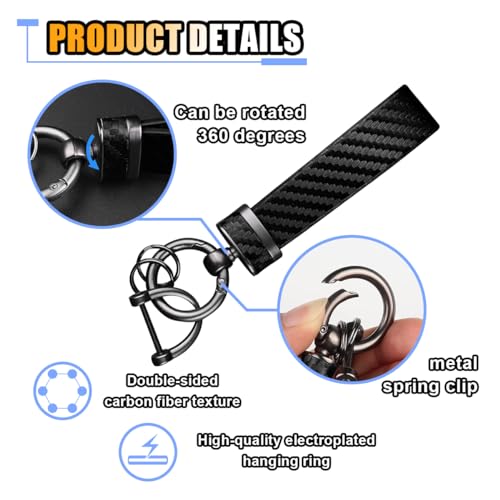 Image of smilfuy Carbon Fiber Leather Car Keychain - Key Chain Ring Key Tag Car Key Fob Holder for Men Women - Anti-Lost D-Ring (Black, 2PCS)
