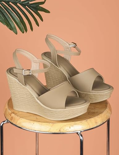 Image of JM LOOKS Sleek Minimalist Wedge Sandals Featuring Broad Single Strap and Textured High Platform for Daily Elegance