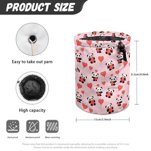 Image of Sellikakes Heart and Panda Yarn Bag Knitting Crochet Tote Bag Valentine's Day Yarn Organizer for Crocheting Project, Store Skein Ball,Short Knitting Needles