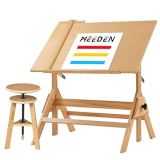 MEEDEN Table à Dessin et Tabouret en Bois: Bureau de Dessin de 90 x 60 cm, Tabouret d'artiste pour Dessin, Table d'artisanat avec Hauteur Réglable, Table d'art inclinable pour la Peinture