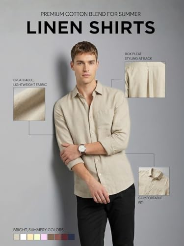 Image of Nobero Breezy Premium Linen Cotton Shirt for Men | Stylish Casual Shirts for Men | Semi Cut Collar | Box Pleat | Curved Hem | Regular Fit | Full Sleeve | S-XXXL