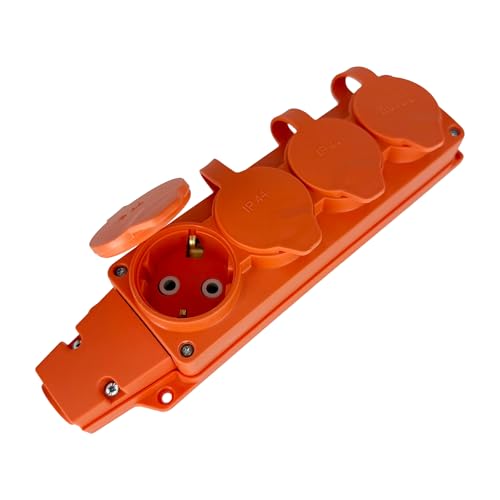 Horoz Electric - Enchufe Exterior Impermeable con 4 Tomas, Distribuidor de 4 Enchufes SCHUKO - Hermético con Tapa IP54 - Regleta de Goma 4x 230 V para Cable de Jardín, Taller, Garaje - Naranja