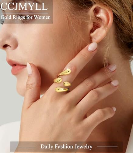 Non Tarnish Gold Chunky Rings for Women, 14K Gold Plated Elongated Open Statement Rings, Adjustable Stackable Wedding Band Jewelry Size 5-9 ﻿3