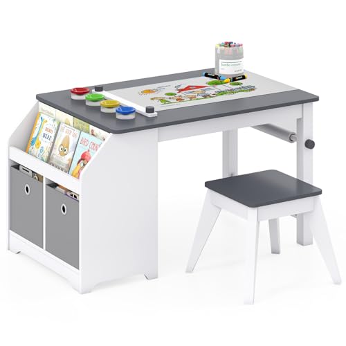 Image of Costzon Kids Art Table and Chairs, Wooden Activity Desk Set w /Paper Roll, 4 Paint Cups, Storage Shelves and 2 Fabric Bins for Drawing Playing, Craft Toddler Table Set for Playroom Nursery & Classroom