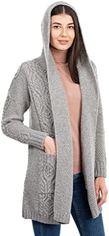 SAOL 100% Irish Merino Wool Ladies Classic Fit Long Cardigan with Hood (Grey, M)