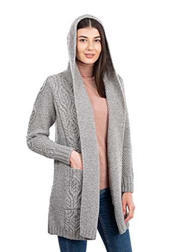 Saol 100% Irish Merino Wool Ladies Classic Fit Long Cardigan With Hood (Grey, M) #TOP10