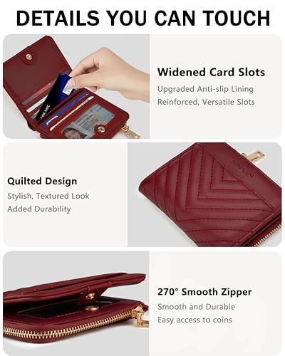 Image of Small Bifold Wallets Woman RFID Mini Wallet for Women Slim Card Holder with Zipper Coin Pocket & 2 ID Windows (Burgundy)