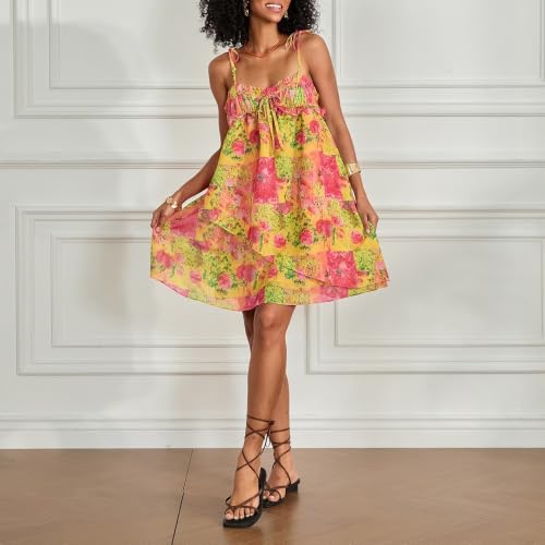 Image of Women Boho Floral Mini Cami Dress Spaghetti Strap Flowy Sling Dress Graphic Backless Summer Holiday Sundress