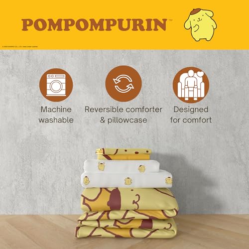 Image of Sanrio Pompompurin Bedding Set, Full Size 7 Piece Set Kids Super Soft Cozy Reversible Comforter and Sheet Set with Sham, (100% Officially Licensed Product) by Franco