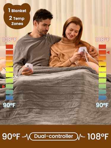 Image of Bearhug Electric Blanket Queen Size with Dual Controls, 10 Heat Levels & 1-12H Auto Shut-Off, Fast Heating Soft Velvet to Sherpa Heated Blanket for Couples, Machine Washable, Taupe