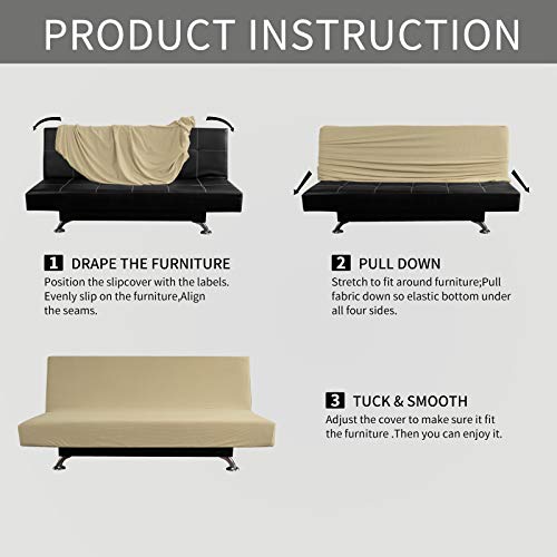 Image of Easy-Going Stretch Medium Futon Slipcover Armless Futon Cover Beige | Sofa Bed Furniture Protector Without Armrests with Elastic Bottom for Kids, Soft Jacquard Machine Washable