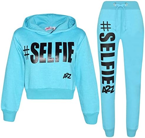 Kids Girls Tracksuit Designer Hooded - T.S Crop #Selfie Aqua 9-10