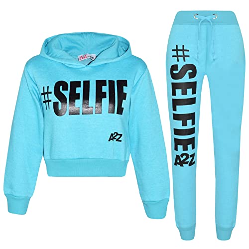 Kids Girls Tracksuit Designer #Selfie Hooded Crop Top & Bottom Jog Suit 5-13 Yr