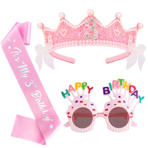 Tihebax 3rd Birthday Decorations for Girls Set - 3rd Birthday Sash, Glitter Crown Headband & Glasses for Girl, 3 Year Old Birth day Party Decorations, Princess Theme Birthdays Outfit Gifts