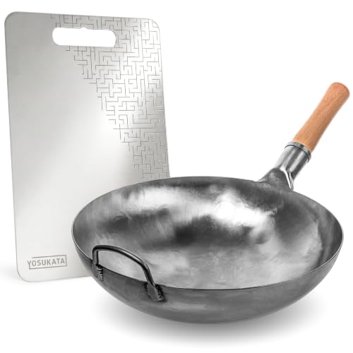 Image of YOSUKATA 14” Round Bottom Carbon Steel Woks and Stir Fry Pans Premium Stainless Steel Cutting Board 14.6x10 Inch