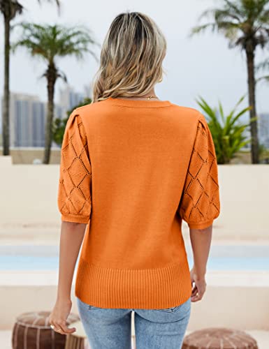 Image of Womens Short Sleeve Sweaters Crewneck Knit Pullover Tops 2025 Summer Casual Lightweight Crochet Blouse Shirt