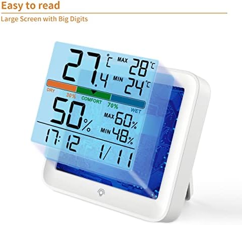 NOKLEAD Hygrometer Indoor Thermometer-Digital Room Humidity Gauge Accurate temperature Monitor Meter Max/Min Records, Touch LCD with Calibration Backlight Clock, Comfort Icon for Home Greenhouse