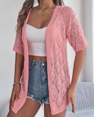 Image of Sulozom Crochet Summer Cardigans for Women Lightweight Short Sleeve Open Front Kimono Boho Beach Vacation Clothes