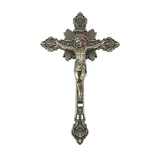 Crucifixo Parede Metal Esplendor e Medalha de São Bento Dourado 23,5 cm