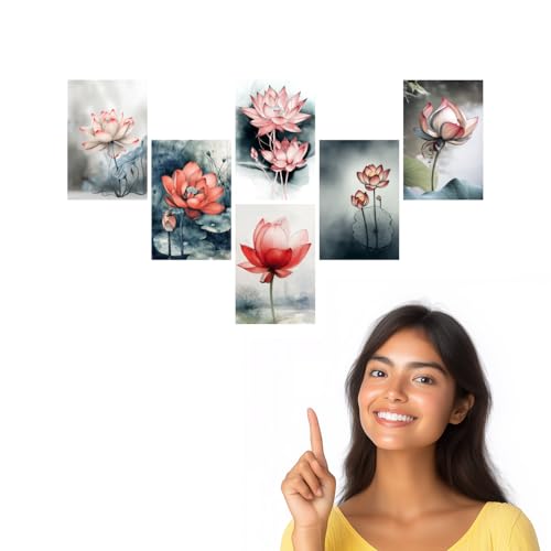 Image of SiddArtify Lotus Flower Wall Art Prints Set - Watercolor Floral Poster Decor for Living Room Bedroom Office - Set of 2-4x6 Inch - Board (Pack of 6) - Sticker (Pack of 6)