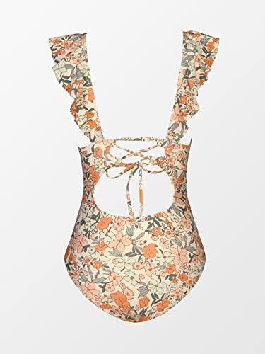 CUPSHE Women's Ruffled One Piece Swimsuit V Neck Lace Up, Orange Ditsy Print, Medium — view 3