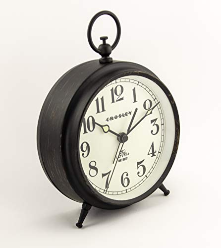 Image of Timelink Metal Crosley Vintage Desk and Shelf Alarm Clock, Old Fashioned Retro Style, Quiet Sweep-Non-Ticking, Battery Operated - Simple Settings, Antique Finish (Black)