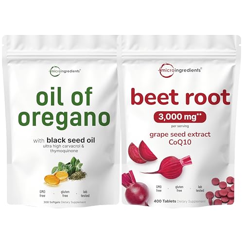 Micro Ingredients Oil of Oregano 6,000mg Softgels & Beet Root 3,000mg Tablets with Grape Seed + CoQ10 Bundle Pack | 4X Strength Thymoquinone with Blac